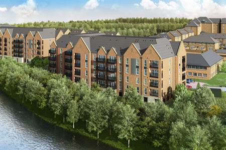 Exterior CGI showing the riverside view of the Springfield development by Redrow