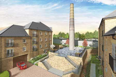 CGI image of a residential apartments around an industrial chimney